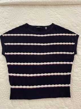 Tahari Navy Striped Cap Sleeve Knit Sweater Top Parisian Coastal Preppy Nautical